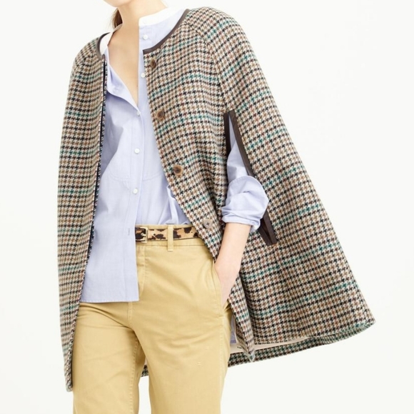 J. Crew Jackets & Blazers - J. Crew Wool Houndstooth Leather Trim Poncho Coat